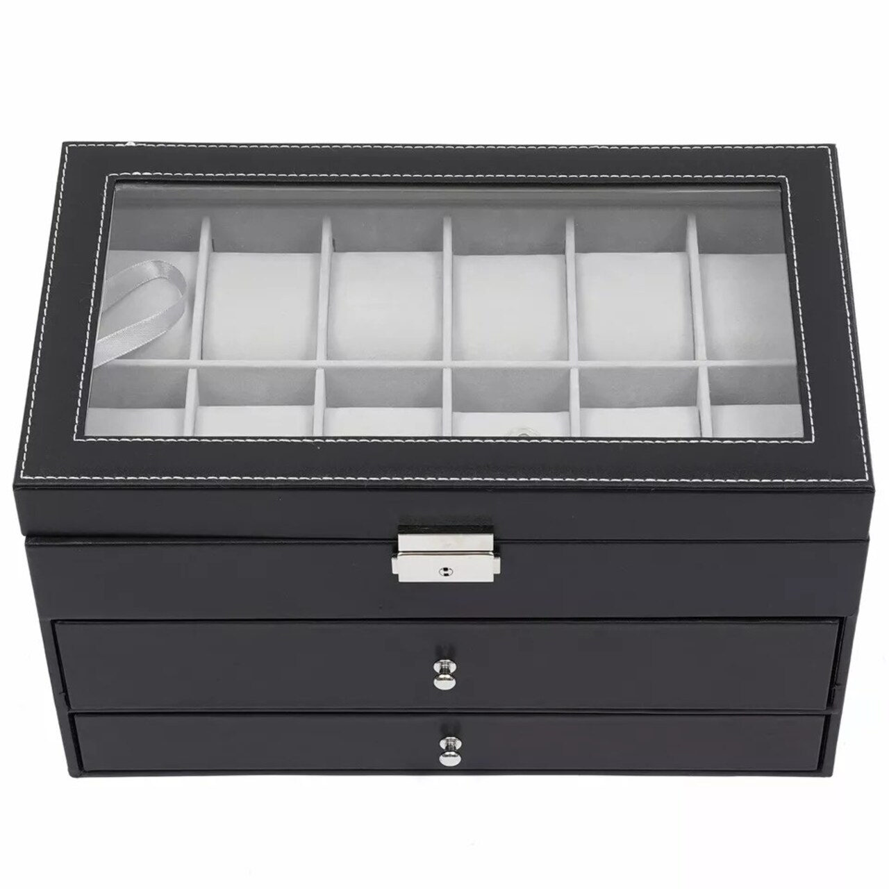 Watch Display Box&Jewelry Storage Case Multi-Purpose Organizer Box w/ Glass Top